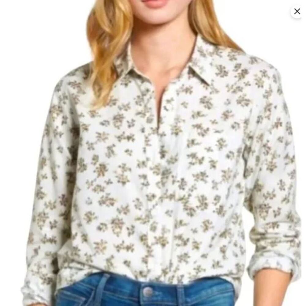 Current/Elliot Floral Linen Button Down Shirt Green Womens Size 2